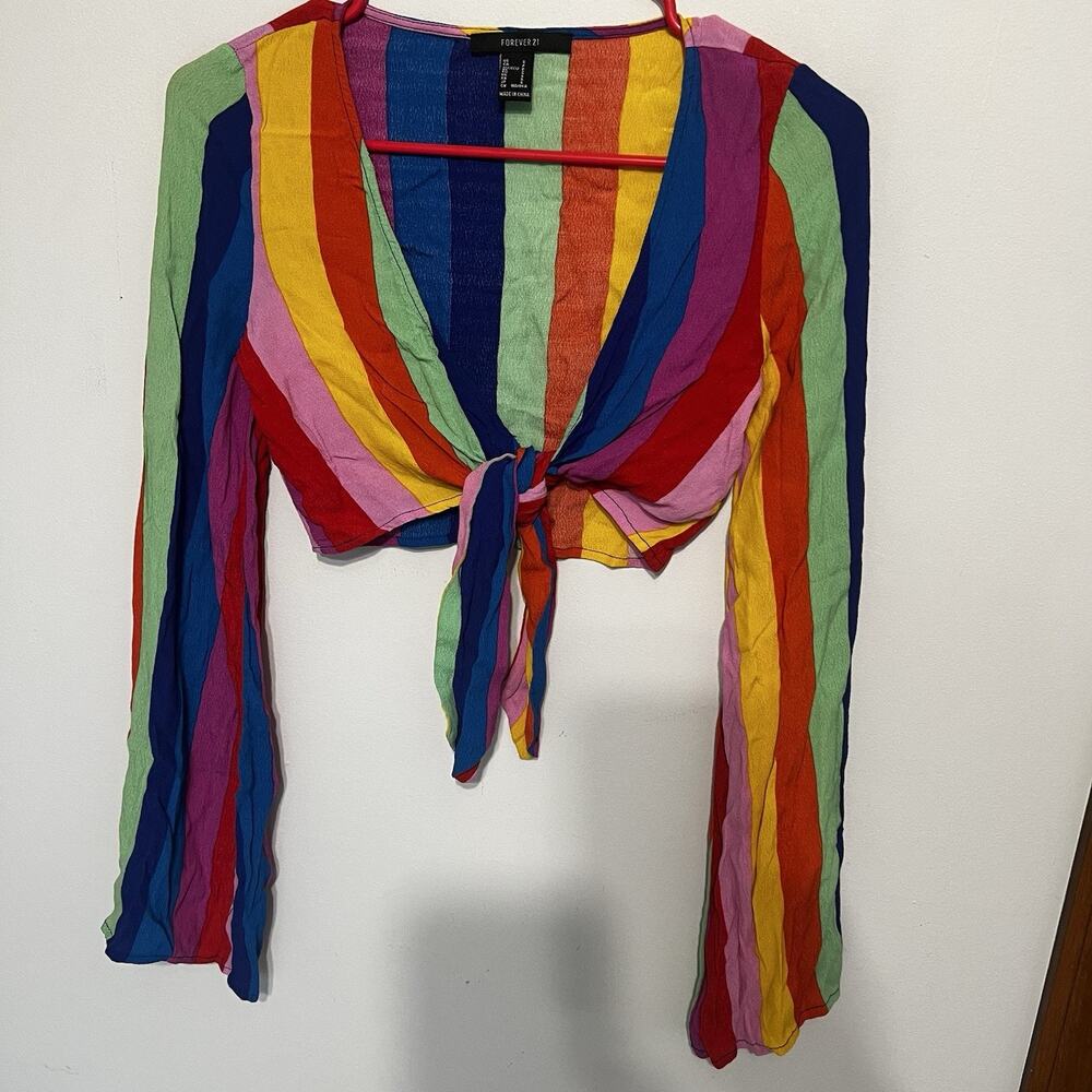 Forever 21 Women Small Rainbow Striped Long Flare Bell Sleeve Tie Front Crop Top